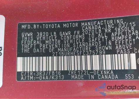 2015 Toyota Corolla Le from USA, damaged, VIN 2T1BURHE5FC375799